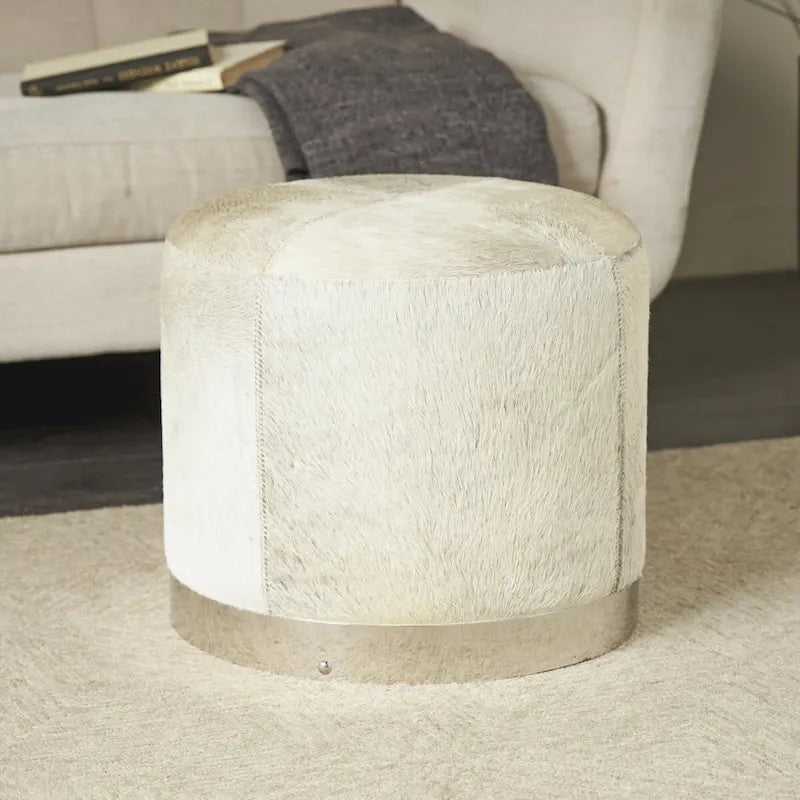 Leather Patchwork Living Room Stool with Silver Metal Base - Gray